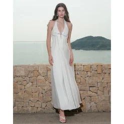 Sheer Luck Tasman French Hollow Cutting Halter Dress White
