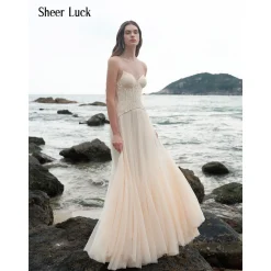 Sheer Luck Wavy Lace Fish-bone Gauze Maxi Dress Apricot