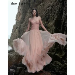Sheer Luck Wavy Lace Fish-bone Gauze Maxi Dress Pink
