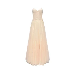 Sheer Luck Wavy Lace Fish-bone Gauze Maxi Dress Apricot