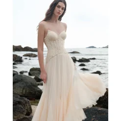 Sheer Luck Wavy Lace Fish-bone Gauze Maxi Dress Apricot