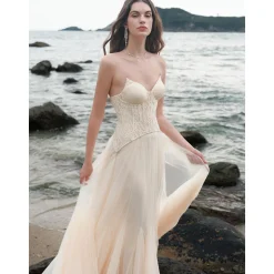 Sheer Luck Wavy Lace Fish-bone Gauze Maxi Dress Apricot