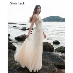 Sheer Luck Wavy Lace Fish-bone Gauze Maxi Dress Apricot