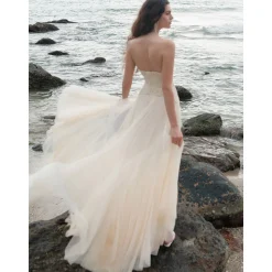 Sheer Luck Wavy Lace Fish-bone Gauze Maxi Dress Apricot