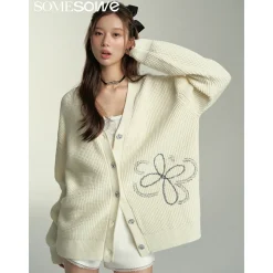 SomeSowe Beaded Floral Silhouette Cardigan White