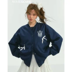 SomeSowe Bow Badge Casual Baseball Jacket Navy Blue