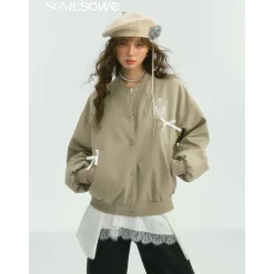 SomeSowe Bow Badge Casual Baseball Jacket Khaki
