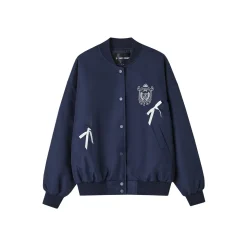 SomeSowe Bow Badge Casual Baseball Jacket Navy Blue