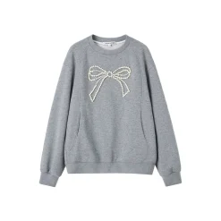 SomeSowe Bow Beaded Crewneck Sweatshirt Gray