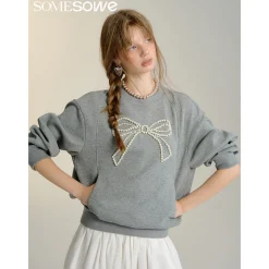 SomeSowe Bow Beaded Crewneck Sweatshirt Gray