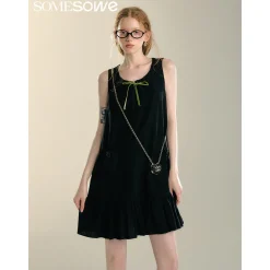 SomeSowe Bow Drawstring Cargo Vest Dress Black