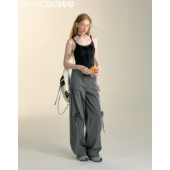SomeSowe Bow Drawstring Cargo Pants Gray