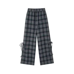 SomeSowe Bow Drawstring Plaid Wide-Leg Pants Blue