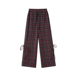 SomeSowe Bow Drawstring Plaid Wide-Leg Pants Red