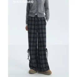 SomeSowe Bow Drawstring Plaid Wide-Leg Pants Blue