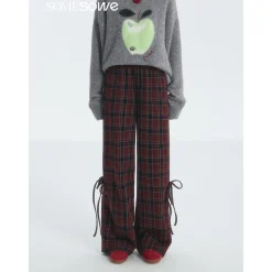 SomeSowe Bow Drawstring Plaid Wide-Leg Pants Red