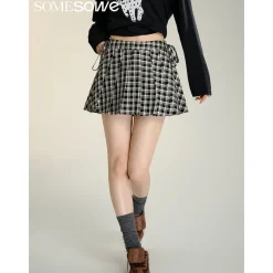 SomeSowe Bow Lace Up Plaid Pleated Skirt