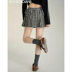 SomeSowe Bow Lace Up Plaid Pleated Skirt