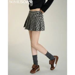 SomeSowe Bow Lace Up Plaid Pleated Skirt