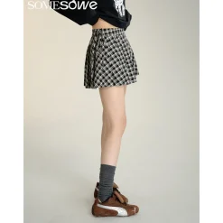 SomeSowe Bow Lace Up Plaid Pleated Skirt