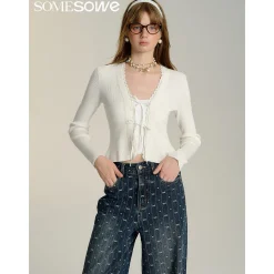 SomeSowe Bow Lace Up V-Neck Cardigan White