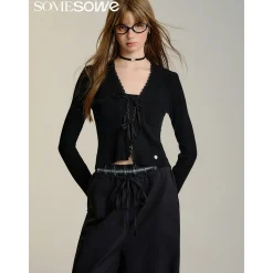 SomeSowe Bow Lace Up V-Neck Cardigan Black