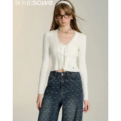 SomeSowe Bow Lace Up V-Neck Cardigan White