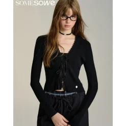SomeSowe Bow Lace Up V-Neck Cardigan Black