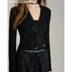 SomeSowe Bow Lace Up V-Neck Cardigan Black