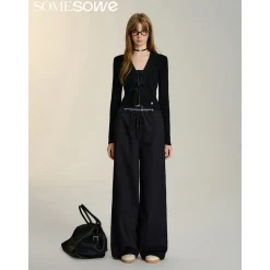SomeSowe Bow Lace Up V-Neck Cardigan Black