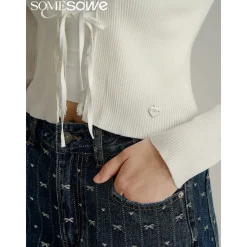SomeSowe Bow Lace Up V-Neck Cardigan White