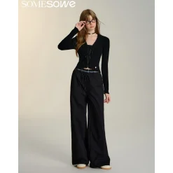 SomeSowe Bow Lace Up V-Neck Cardigan Black