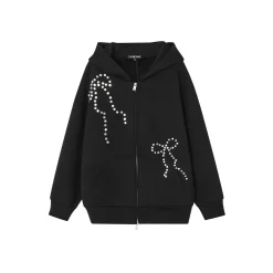 SomeSowe Bow Rivet Hooded Casual Jacket Black