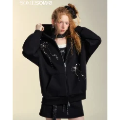 SomeSowe Bow Rivet Hooded Casual Jacket Black