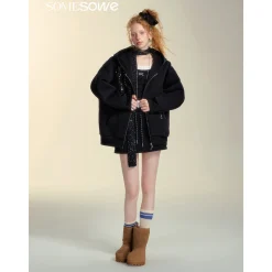 SomeSowe Bow Rivet Hooded Casual Jacket Black