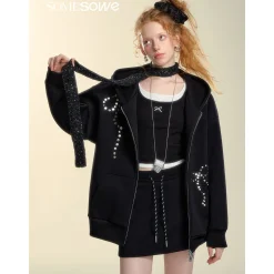 SomeSowe Bow Rivet Hooded Casual Jacket Black