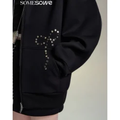 SomeSowe Bow Rivet Hooded Casual Jacket Black