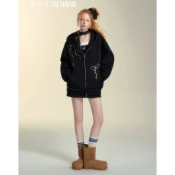SomeSowe Bow Rivet Hooded Casual Jacket Black