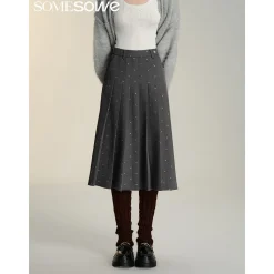 SomeSowe Bow Sequin Pleated Long Skirt Gray