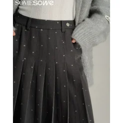 SomeSowe Bow Sequin Pleated Long Skirt Gray