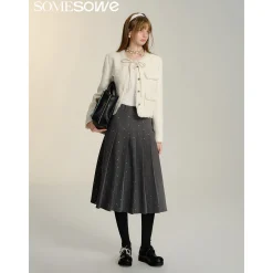 SomeSowe Bow Sequin Pleated Long Skirt Gray