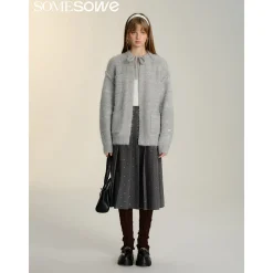 SomeSowe Bow Sequin Pleated Long Skirt Gray