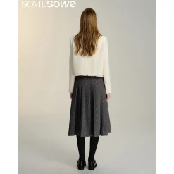 SomeSowe Bow Sequin Pleated Long Skirt Gray