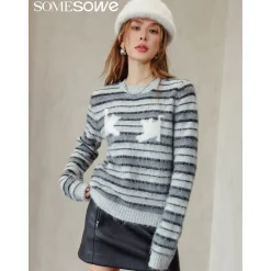SomeSowe Cat Striped Round-Neck Knit Sweater
