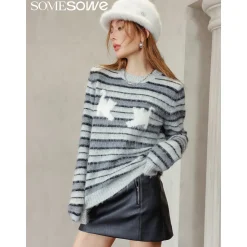 SomeSowe Cat Striped Round-Neck Knit Sweater
