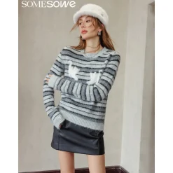 SomeSowe Cat Striped Round-Neck Knit Sweater