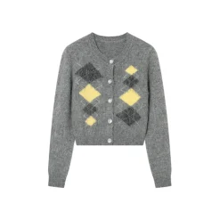 SomeSowe Color Blocked Checkered Woolen Cardigan