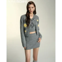 SomeSowe Color Blocked Checkered Woolen Cardigan