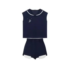 SomeSowe Color Blocked Sailor Collar Top & Shorts Set Navy