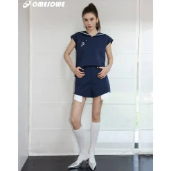 SomeSowe Color Blocked Sailor Collar Top & Shorts Set Navy